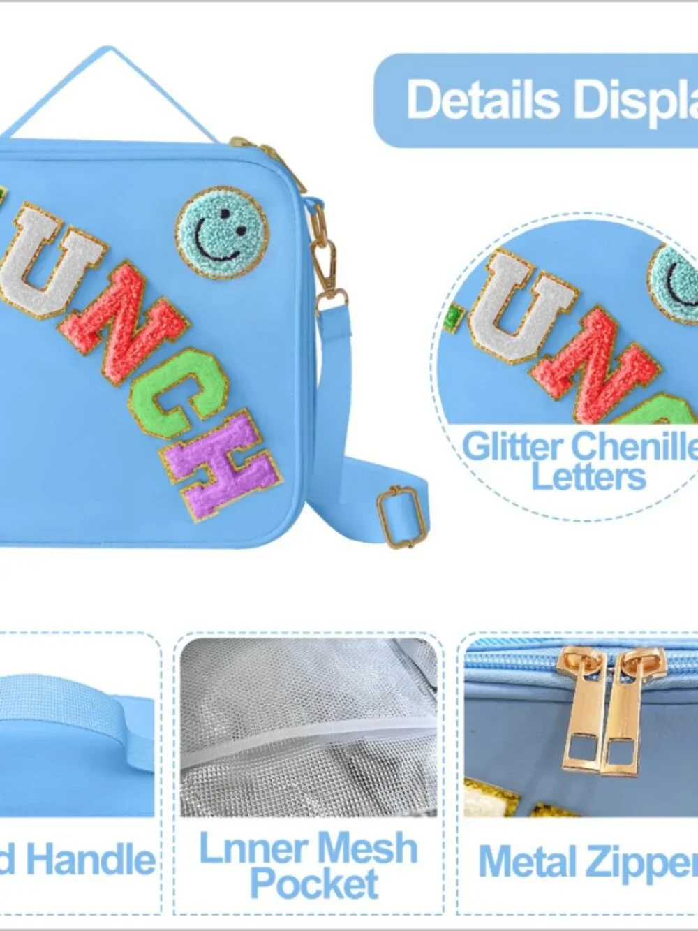 Insulated Lunch Bag With Adjustable Shoulder Strap, Girls Preppy Lunch Box